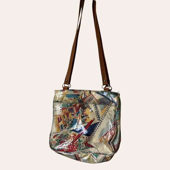 Unique vintage vinyl colored pencil illustrated European scenery artist purse - Picture 8 of 8